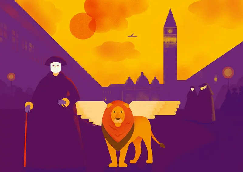 Pestrobarevná ilustrace z karnevalu v Benátkách.
