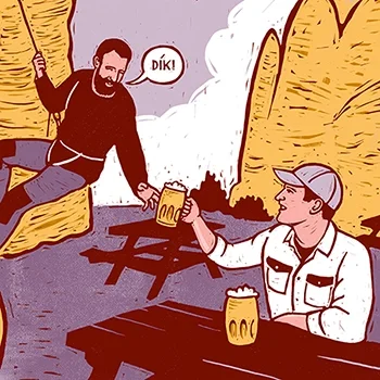 Komiks na restaurační stojánek pivovaru Rohozec pro pivo Skalák. Dva přátelé na pivě ve skalách.