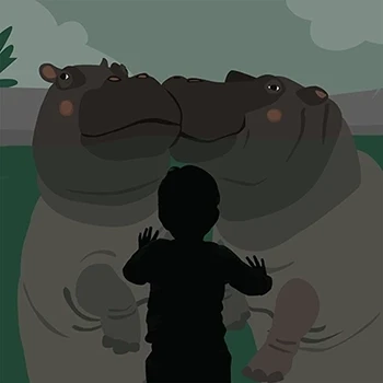 Hošík hrošík autorská kniha. Silueta chlapce v zoo. Kouká na dva hrochy koupající se za sklem v bazénu.