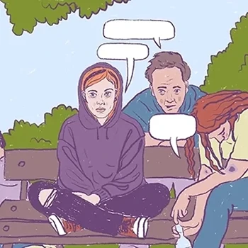 Výřez z komiksu vytvořeného pro sdružení Krok domů. Hlavní hrdinka Katka sedí na lavičce, vedle ní sedí další dívka a za ní stojí muž. Všichni jsou drogově závislí.