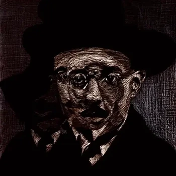 Ilustrace z knihy Fernanda Pessoy – Kniha neklidu. Na kresbě je mírně surrealisticky znázorněn autor knihy.
