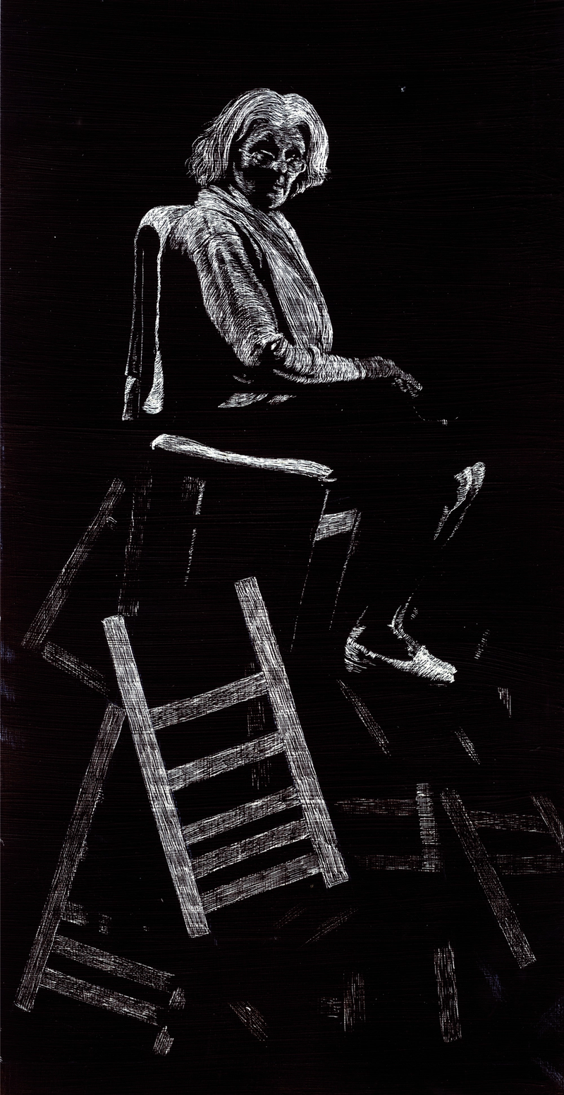 Fernando Pessoa, Kniha neklidu, ilustrace – žena sedící na hromadě židlí.