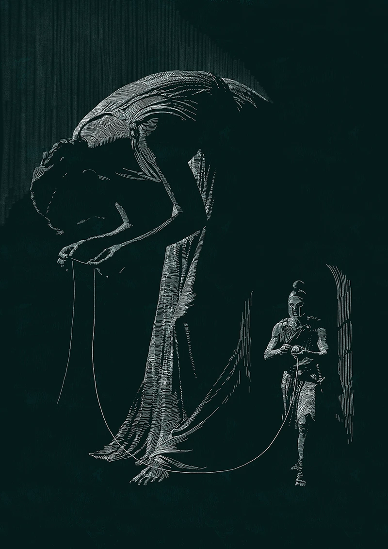 Ilustrace ke scéně z labyintu – Théseus vychází ven pomocí provázku, který drží Ariadné.